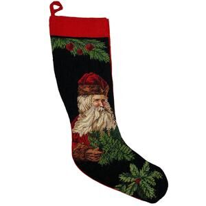 Vintage Imperial Elegance Needlepoint Wool Stocking Father Christmas Black Red